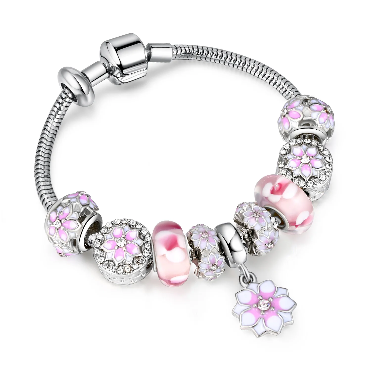 Silver Charm pandora Bracelets for women With Exquisite flower Pendant