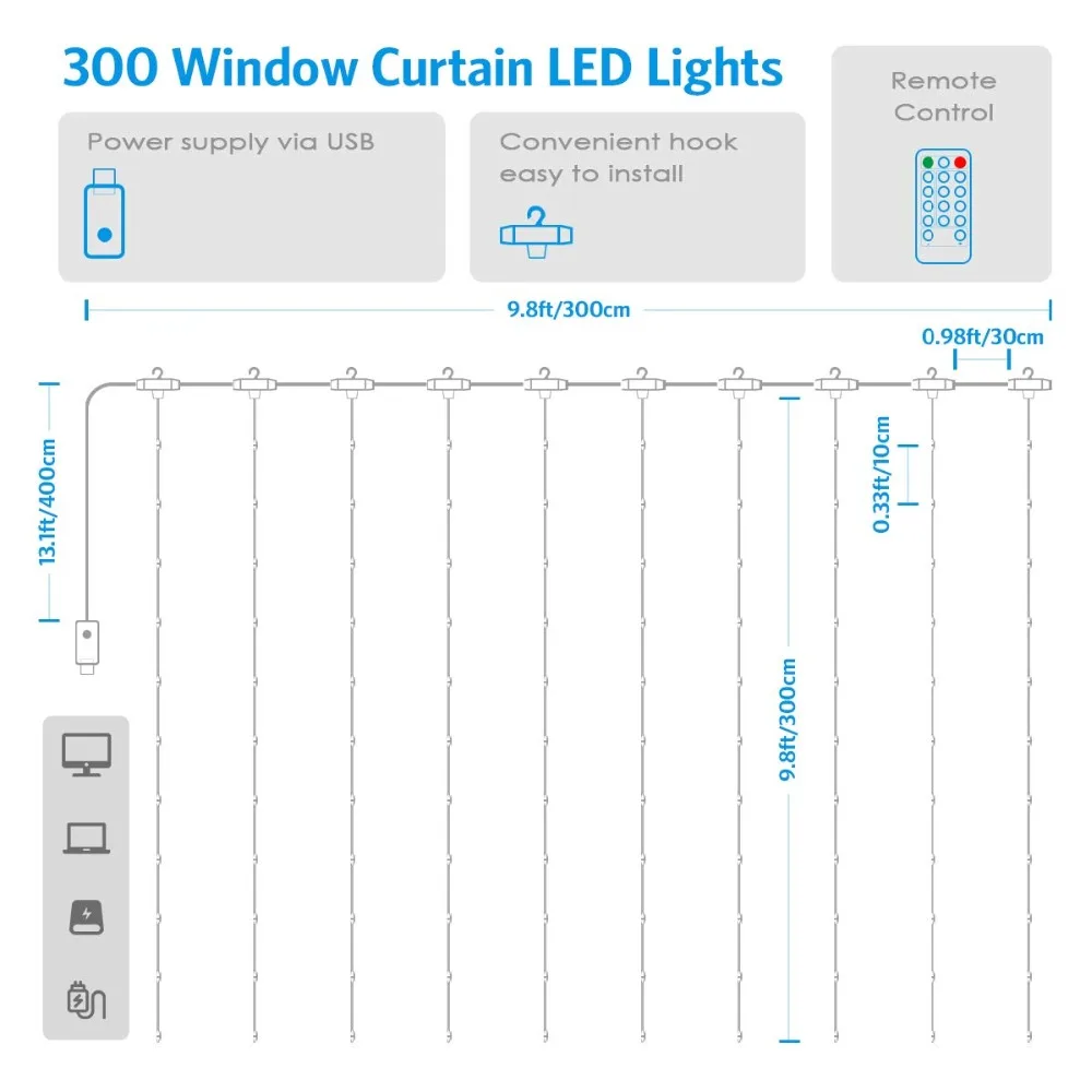 LED Window Curtain String Lights 3X3M Music Sound Control 300 LED Waterproof Twinkle Lights USB Decor Lights for Wedding Party