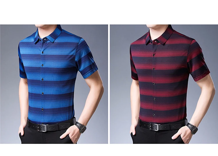 Miacawor рубашка Для мужчин модные Полосатые рубашки летние шорты рукавом повседневные мужские рубашки Slim Fit Camisa Masculina C505