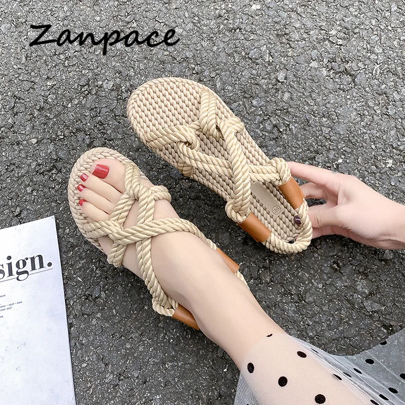 Handmade Women Sandals 2019 Gladiator Flat Heels Sandals Women Hemp Slip on Hemp Shoes Beach Sandals Cross-tied Flat Sandals