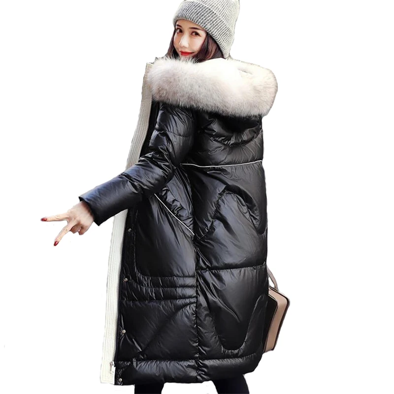 

Women Winter Raccoon Dog Fur Collar Hooded Coat Thick Warm Female White Duck Down Long Coats High Quality Down Jacket
