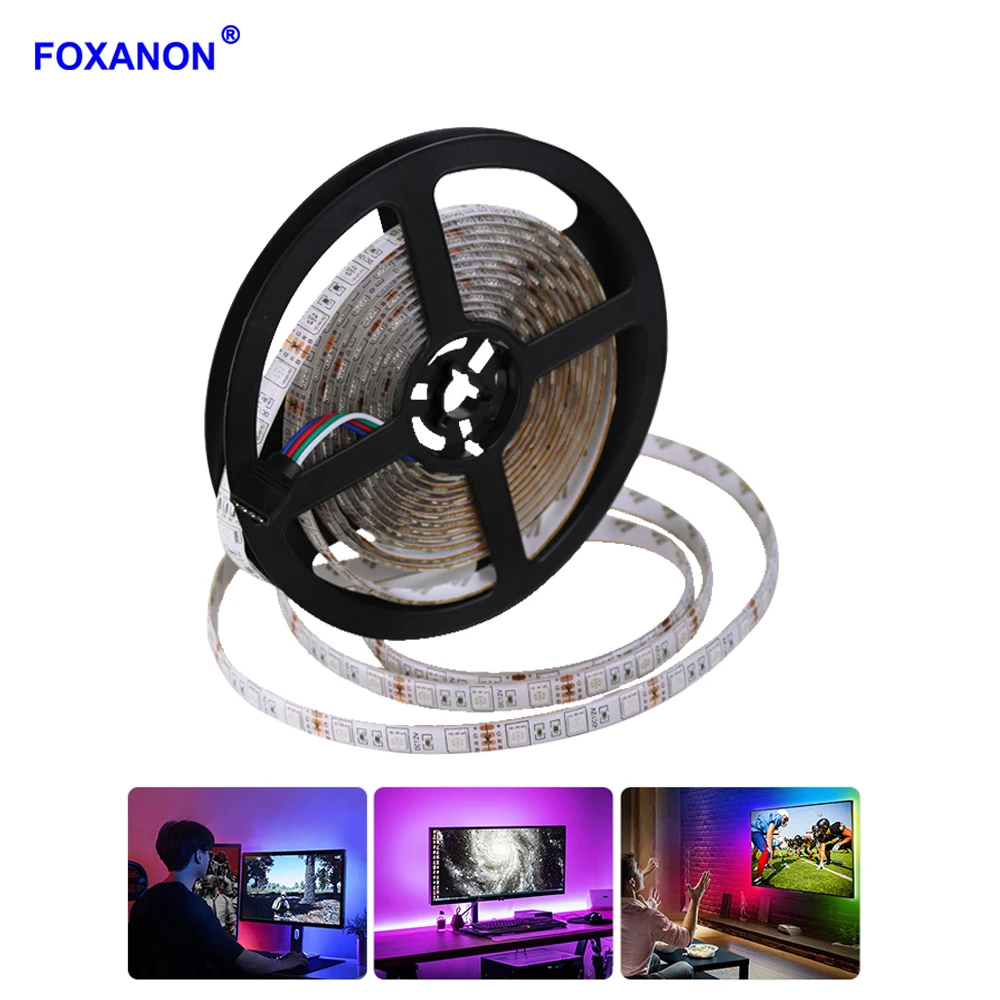 Foxanon 5050 RGB светодиодный светильник 12 В постоянного тока 60 Светодиодный/м rgb светодиодный s Лента Диодная лента 1 м 2 м 3 м 4 м 5 м с контроллером лампа для украшения дома