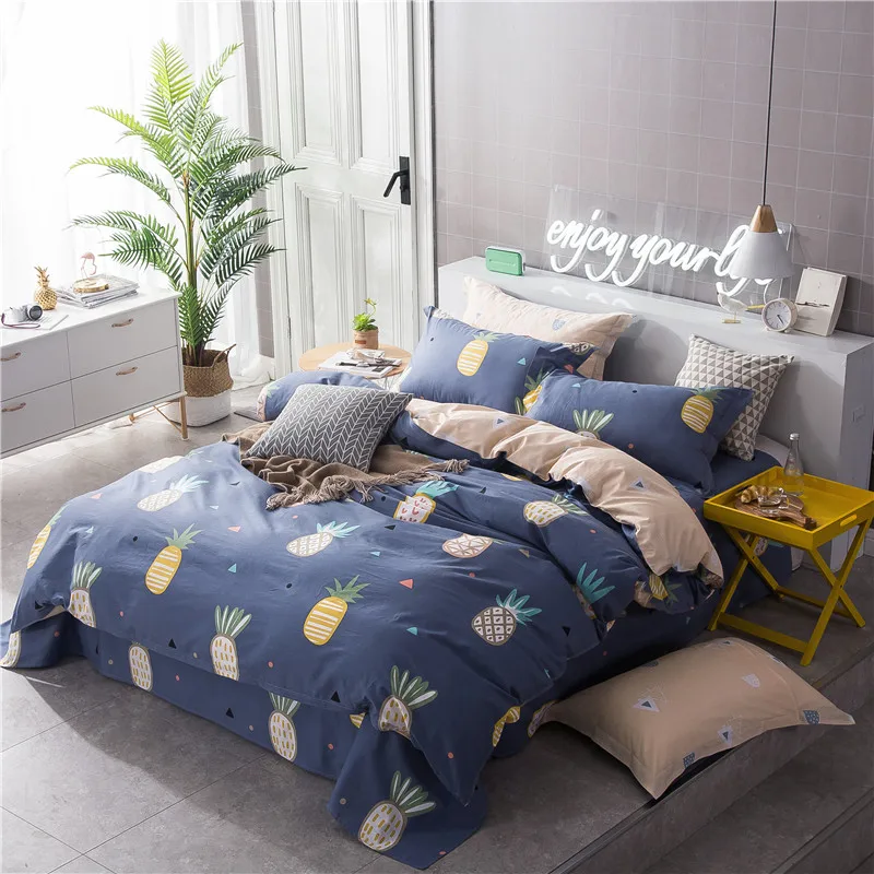 

Cute Cartoon Color Pineapple Pattern 100% Cotton Soft Bedding Set Queen Size Duvet Cover Colored Bedlinen Pillowcase Bed Sheet