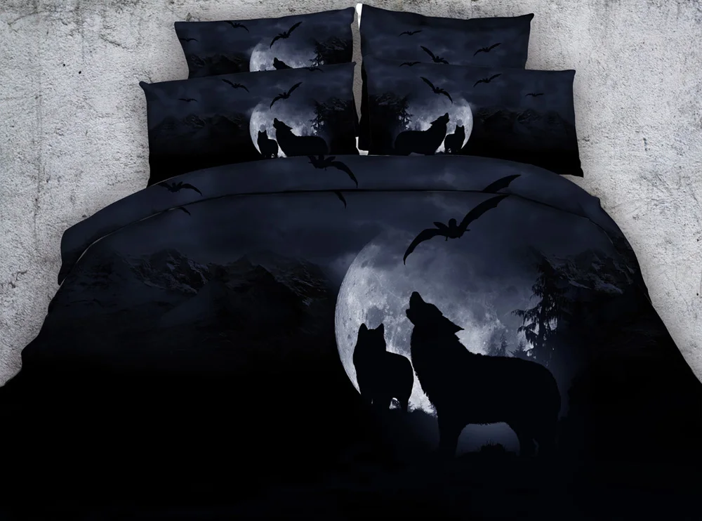 4 Or 6 Pieces Howling Wolf Bed Sheet Set Black Night Sky Bedding Sheets With Bat Moon And Wolves Duvet Covers Single King Size Bedding Sets Aliexpress