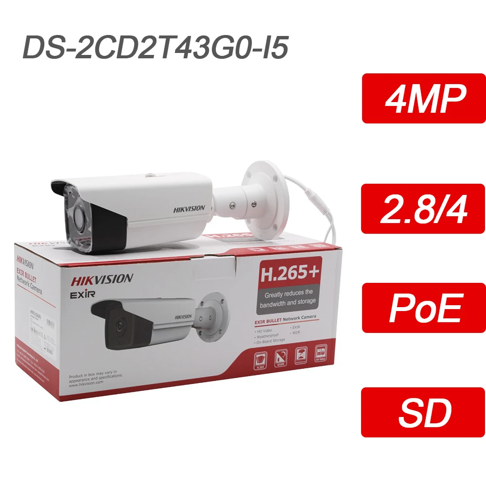 

Hikvision 4MP IR Fixed Bullet Security IP Camera PoE ONVIF H.265 SD Home/Outdoor CCTV Surveillance HD Cameras DS-2CD2T43G0-I5