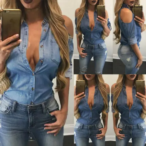 Summer Women Casual Tops HOT Women Summer Long Sleeve Off Shoulder Turn-down Collar Single Breasted Soft Denim Loose Tops Summer Women Casual Tops HOT Women Summer Long Sleeve Off Shoulder Turn-down Collar Single Breasted Soft Denim Loose Tops