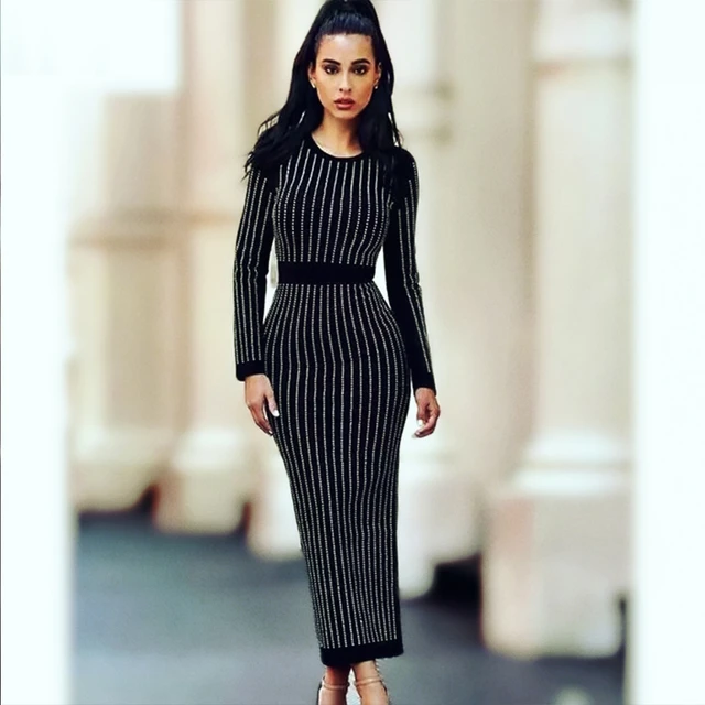 Women Excellent Quality Long Sleeve Sexy Colorful Sequin Embellished Bodycon Long Dress