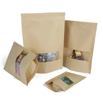 

50 Pack Paper Bags Resealable Kraft Zip Lock Stand Up Pouches with Transparent Notch Matte Window For Coffee Beans Candy Nuts