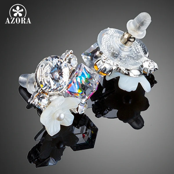 AZORA New Small White Shell Flower With Multicolour Stellux Austrian Polyhedron Crystal Stud Earring for Women TE0270