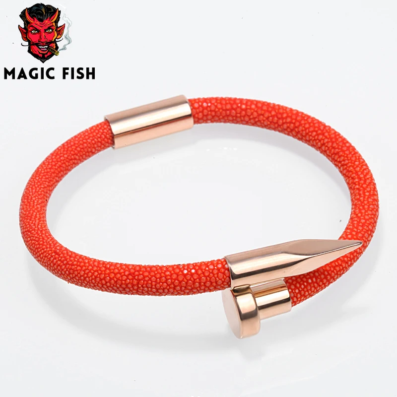 

Magic Fish Genuine Leather bracelets & bangles for men women rose gold and Orange red stingray skin pulseira masculina lol bts