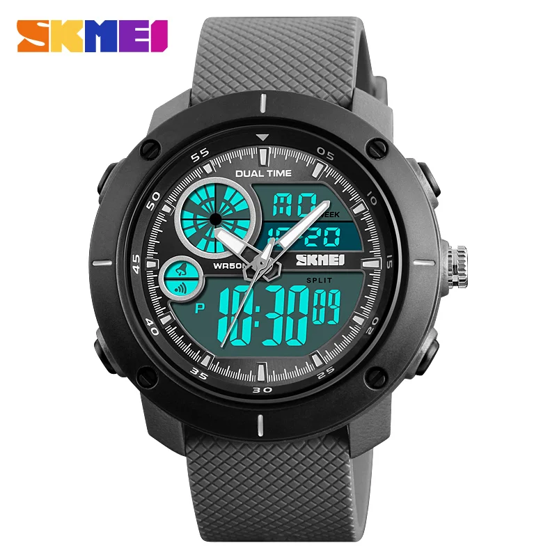 Модные мужские спортивные часы SKMEI брендовые Роскошные наручные часы с двойным дисплеем Цифровые кварцевые часы водонепроницаемые военные армейские часы - Цвет: Gray