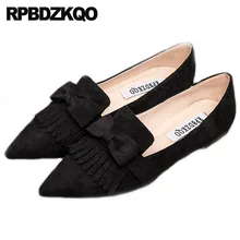 Женские туфли на плоской подошве с острым носком; цвет черный, китайский; большие размеры; милые лоферы с бантом в китайском стиле; Свадебная замшевая обувь с бахромой