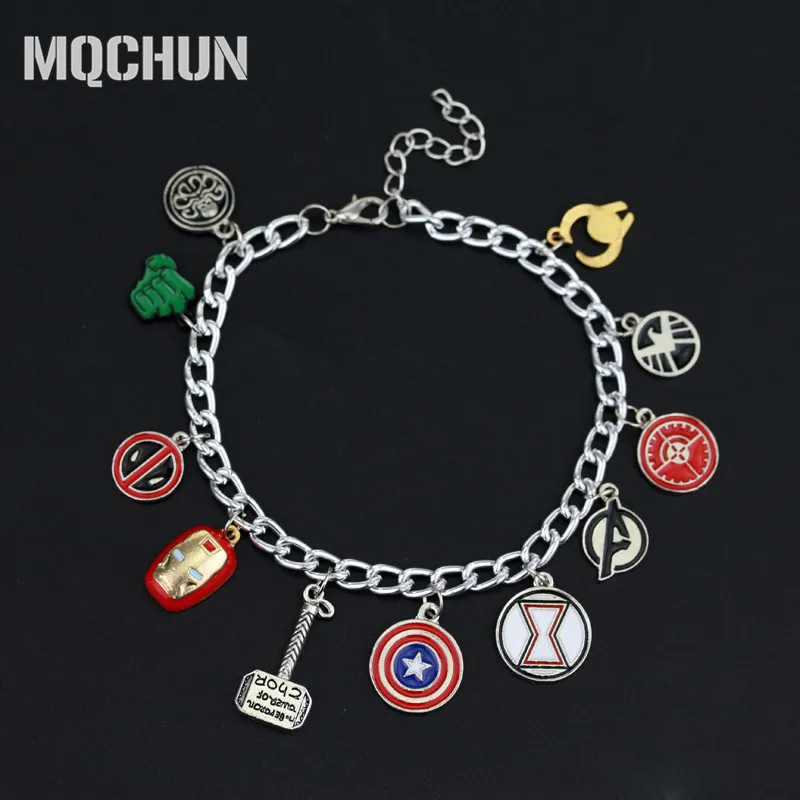 

Superheroe Marvel Avengers Enamel Logo Captain America Iron Man Deadpool Shield Wonder Women Charm Bracelet for Women-25