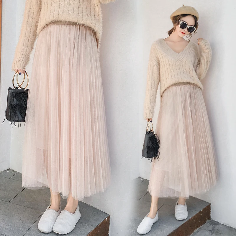 2019 Spring Summer Vintage Skirts Womens Elastic High Waist Tulle Mesh Skirt Long Pleated Tutu Skirt Female Jupe Longue