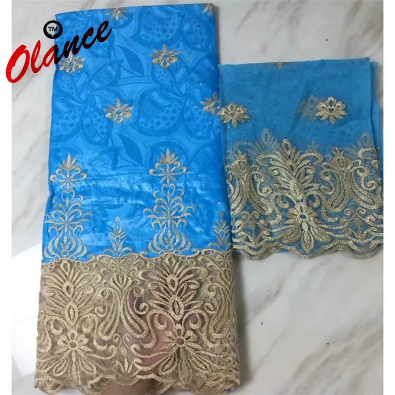 Sea blue Embroidery African Tulle Lace 5+2yards a set nice polish lace PB15 free shipping wholesale price Bazin Riche | Дом и сад