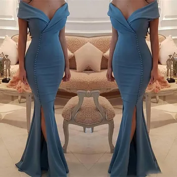 

Elegant Off The Shoulder Mermaid Prom Dresses Side Split Sexy Satin Floor Length Mermaid Evening Gowns Pleats Cheap Formal Dress