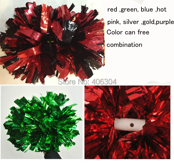 

Not fading 100g 38cm Cheering pompom with 6cm baton handle,Metallic Pom Pom red pink green blue gold silver ballroom costume