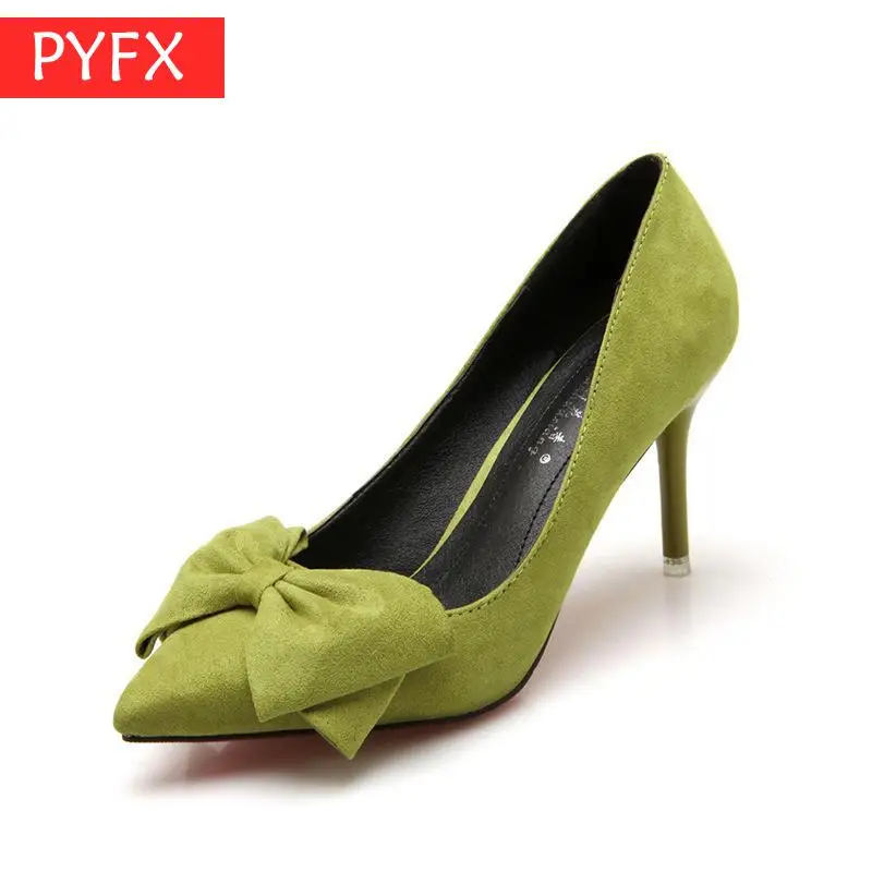 

Summer New Korean Version Women's PointedHigh-heeled Shoes With Thin Heels Shallow Mouth Single green Only beautiful bowknot