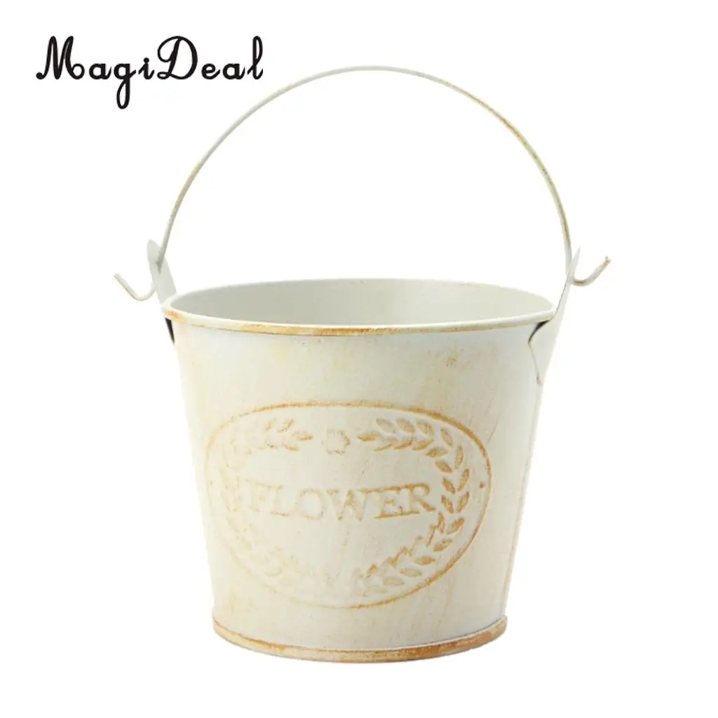 2pcs Round Galvanized Metal Buckets Plants Flower Decorative Vases with Rope
