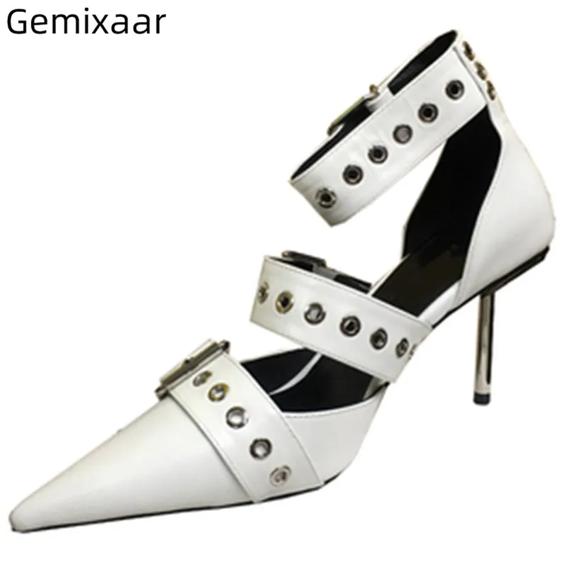 

Rock Style Sandals Shoes Women Pointed Toe Ankle Buckle Studded Metal Decorations Sandalias Comfy Genuine Leather Sandals Woman