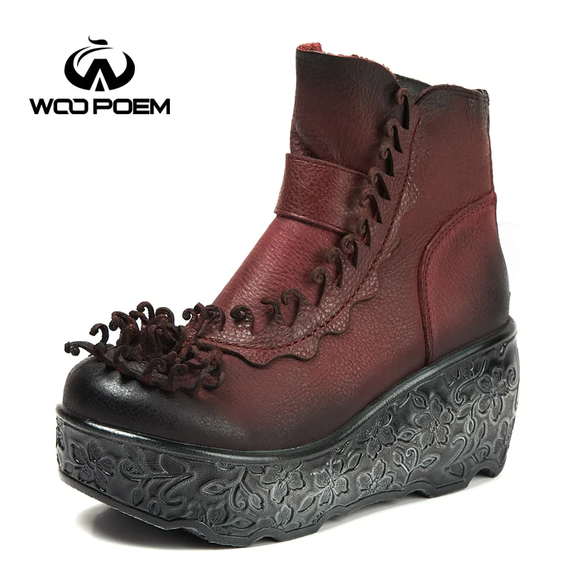 

WooPoem 2018 Winter Shoes Woman Genuine Leather Shoes High Heel Boots Retro Flower Ankle Women Boots Platform Wedge Boots WA753