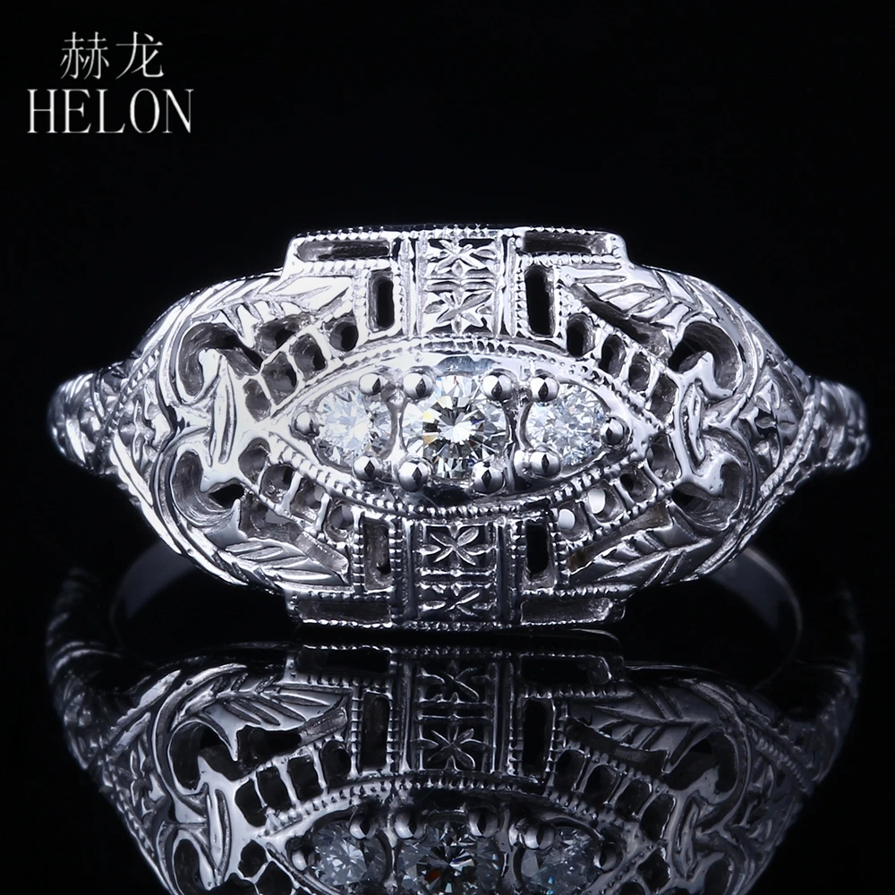 

HELON Three Stone Ladies Solid 14K 585 White Gold S/H Round Full Cut Diamonds RING Vintage Engagement Wedding Fine Jewelry Ring