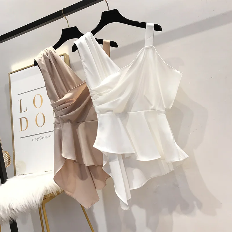 

2019 Fashion Lady Blouse New Design Sexy Temperament Chiffon Blouse Irregular Open Shoulder V-collar Hanging Belt Shirt Blusas