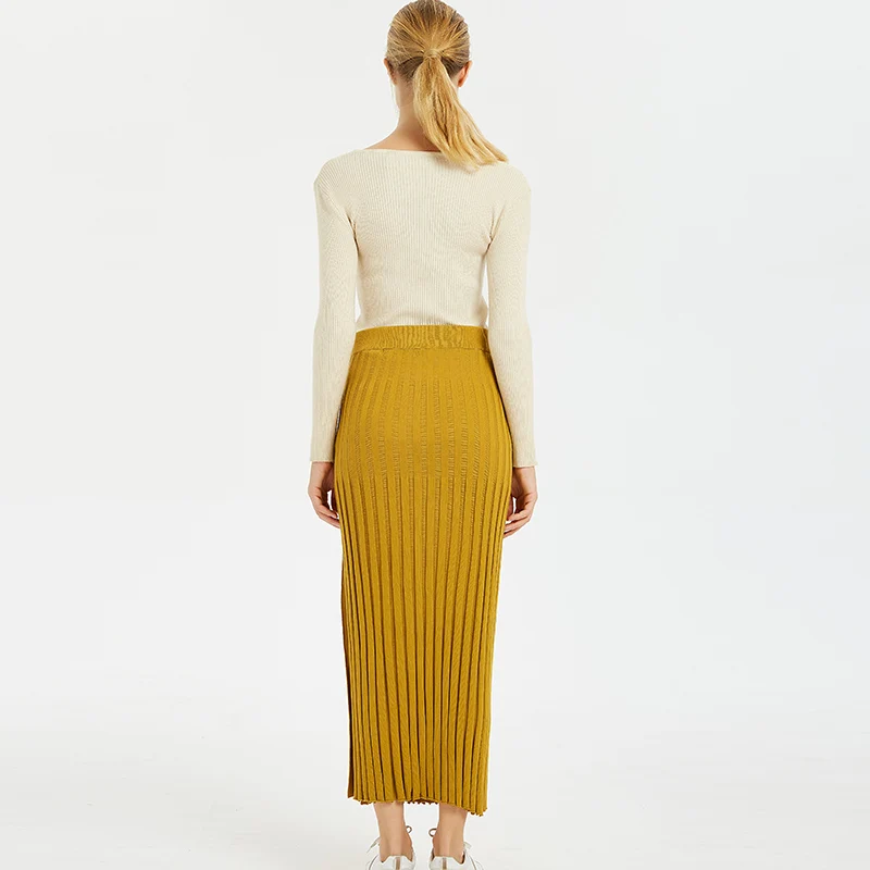 2019 Women Autumn Long Skirts Streetwear Straight Ankle-Length Empire Knitting Cotton Yellow Color Side Cut Lady Pleated Skirt