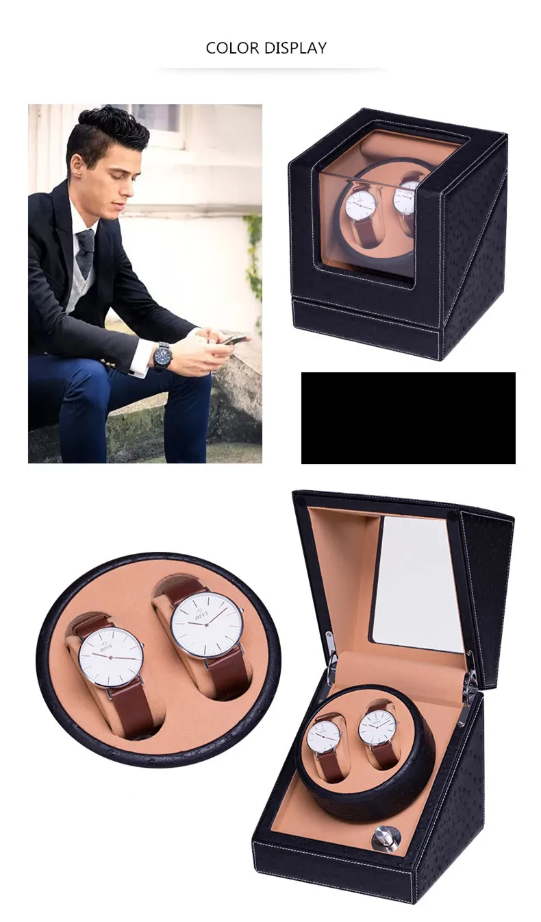 2 слота кожаные часы намотки модные механические часы Органайзер новые часы подарок виндеры черные мужские часы коробки, футляр