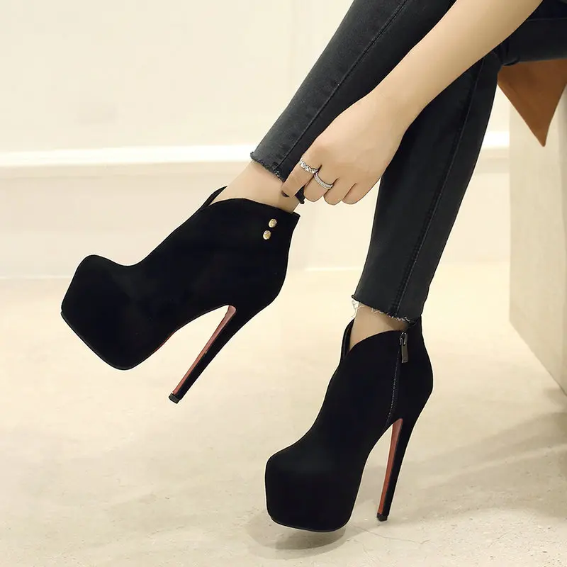 Женские ботильоны на высоком каблуке пикантные вечерние замшевые сапоги на шпильках черного и красного цвета зимние сапоги на очень высоком каблуке 16 см модельные туфли - Цвет: Черный