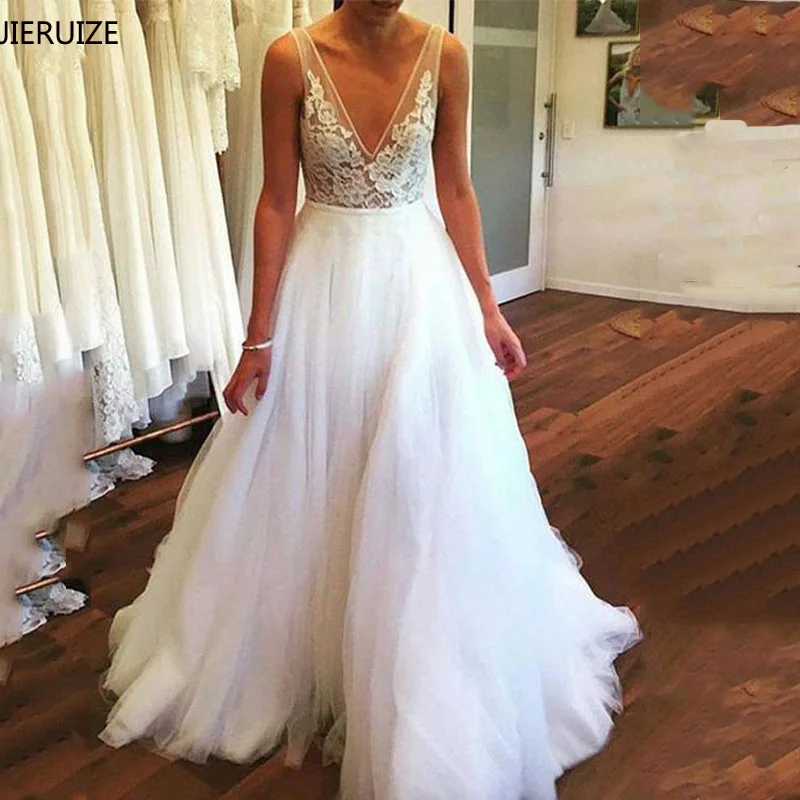 

JIERUIZE Nude Tulle White Lace Beach Wedding Dresses Deep V-neck Sexy Wedding Gowns Bride Dresses robe de mariee