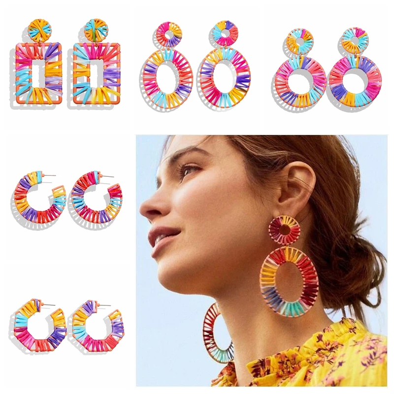 

Bohemian Raffia Woven Earrings Fashion Jewelry Rainbow Colorful Round Hollow Statement Earrings Summer Handmade Girls Gift