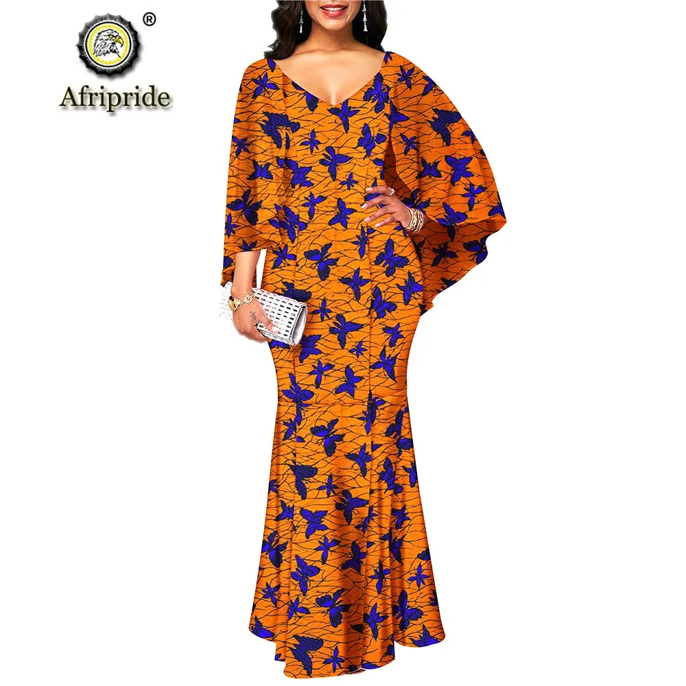 

2019 African maxi dresses for women autumn dress v-neck flare sleeve casual dress print wax ball gown formal AFRIPRIDE S1925078