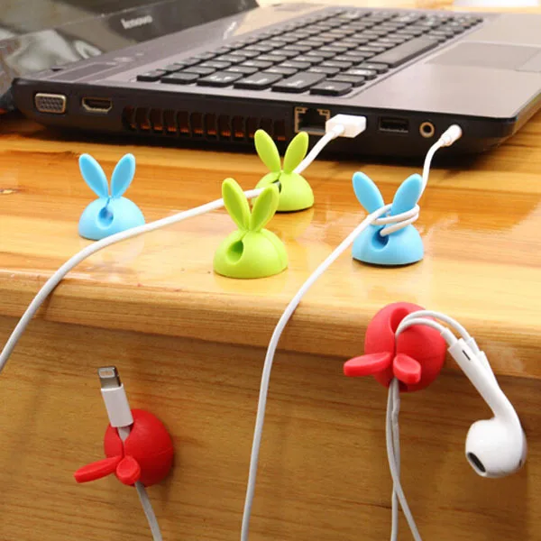 

4 pcs rabbit ear silicone desktop winder cable organizer cable Home office computer headphone bobbin wires holder