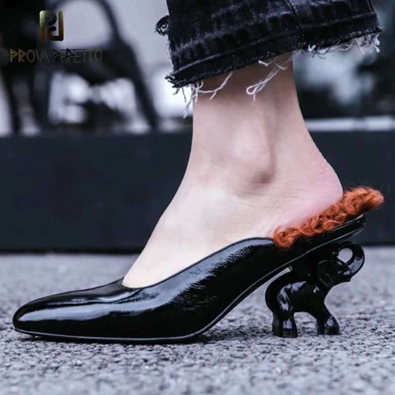 

Prova Perfetto 2018 Original Elephant Heel Shoes Woman Genuine Leather Zapatos Mujers Tacon High Heels Fur Slippers Women Mules