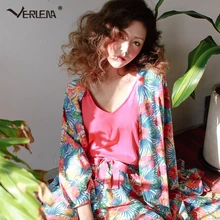 Verlena, комплект из 3 предметов, Корейская Пижама, пижамный комплект, пижама для женщин, высокое качество, хлопок, ярко-розовый, красный, свободный халат, кимоно с принтом