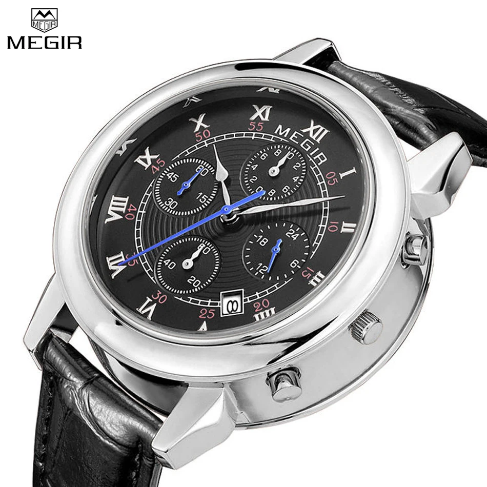 MEGIR Multiple Time Zone Men s Quartz Watch Fashion Leather Military Style Analog Wristwatch Men Chronograph