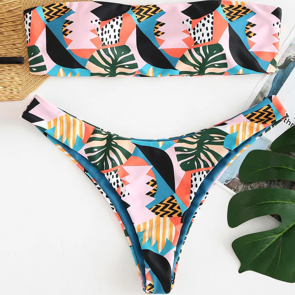 swimsuit 2019 Women's Tube Top Digital Double-Sided Print Split Swimsuit Swimsuit Bikini free shipping