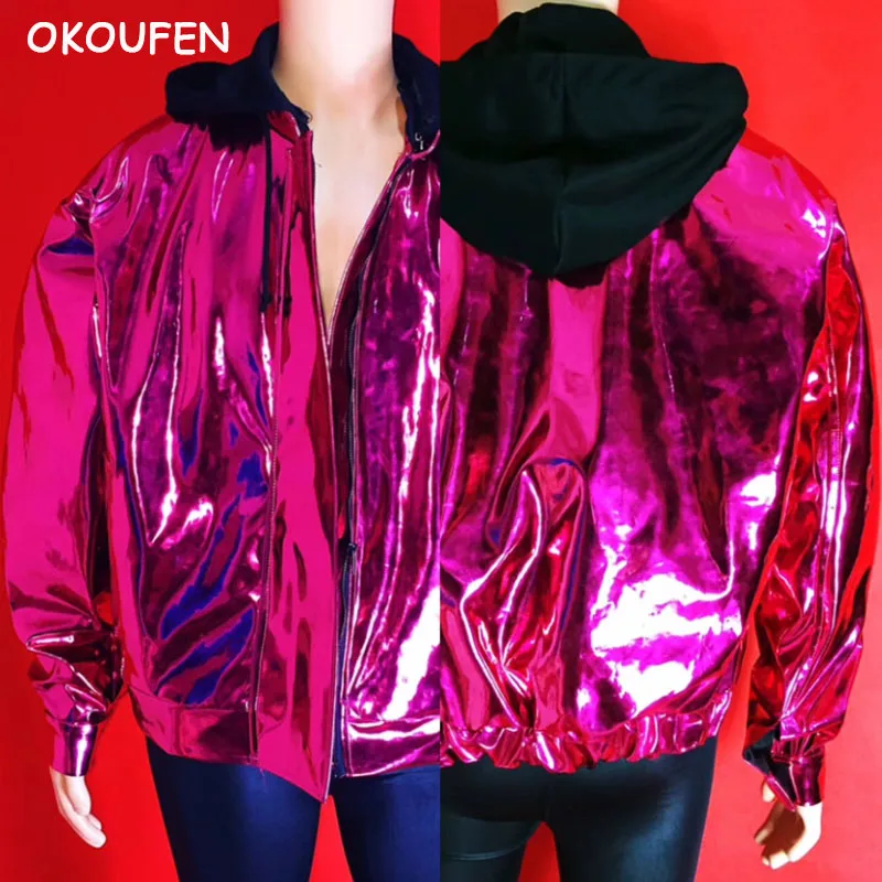 

New Bar Menswear Fashion Hip hop mirror Rose Red Leather Jacket Nightclub dj Singer stage dancewear
