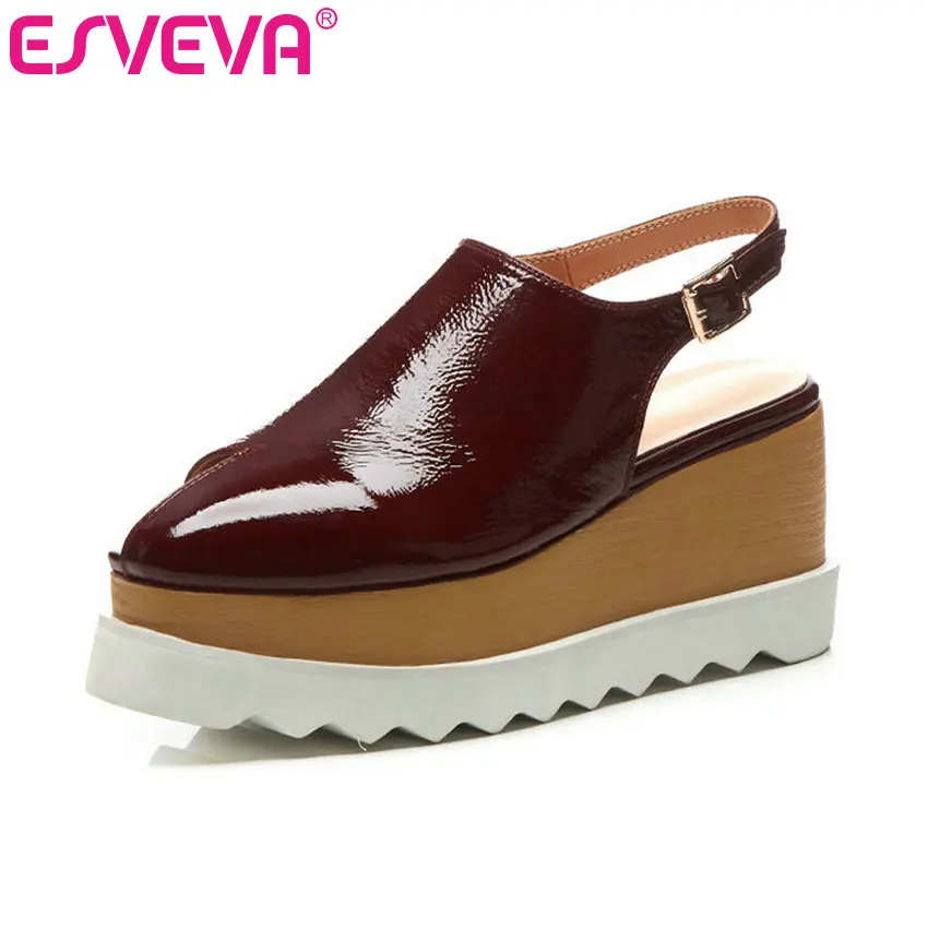 

ESVEVA 2019 Women Cow Patent Leather +PU Wedge High Heel Pointed Toe Slingback Casual Thick Bottom Shoes Size 34-39