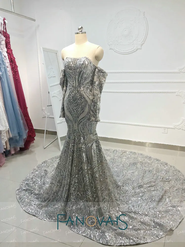 Серебряные сверкающие вечерние платья со съемными длинными Leeves Sequin Merimaid вечерние платья выпускного вечера платья Vestido De Fiesta