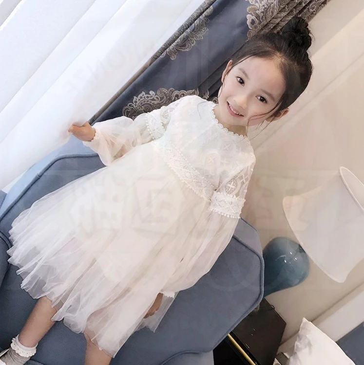 R& Z/ г. Новые платья для девочек, кружевное однотонное бальное платье принцессы с длинными рукавами-фонариками и круглым вырезом для вечеринки одежда для маленьких детей