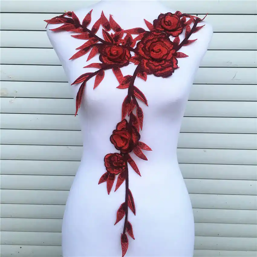 3D Flower Colorful Lace Neckline Collar Lace Trim Applique Polyester for Clothes Fabric Apparel Sewing On Home Textiles red