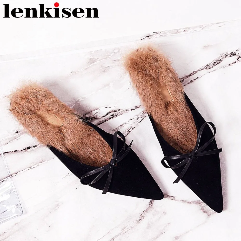 

2018 hot sale kid suede slip on mules warmful soft rabbit fur slingback elegant lady low kitten heels butterfly-knot pumps L0f2