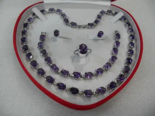 

Hot selling> Beautiful women's jewelry set Amethyst Necklace Bracelet Ring Earring+box NEW -Bride jewelry free shipping