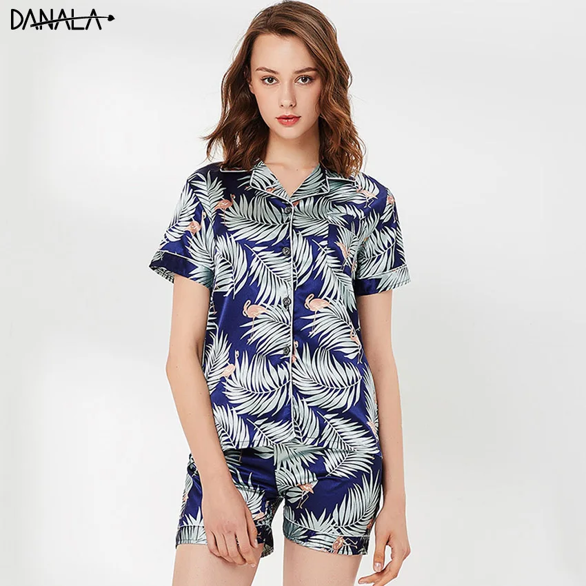

DANALA Sexy Silk Women Pajamas Sets With Shorts Summer Floral Print Turn-Down Collar Short Sleeve Sleepwear Sets