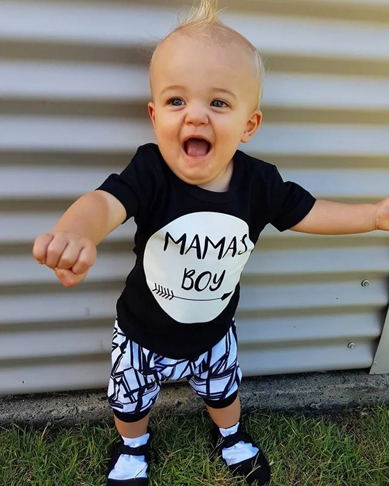 Хлопковая футболка для маленьких мальчиков с принтом «MAMAS» топ+ штаны, одежда