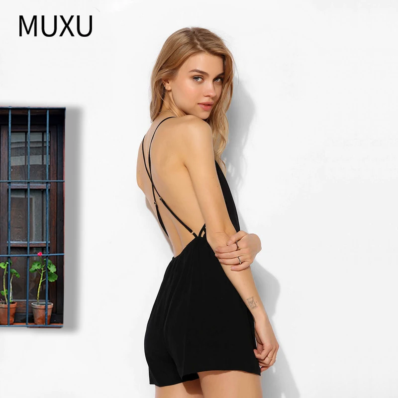MUXU new sexy suspender black jumpsuit summer sexy rompers women body combinaison femme short backless v neck jumpsuit backless Body : image MUXU new sexy suspender black jumpsuit summer sexy rompers women body combinaison femme short backless v neck jumpsuit backless Body