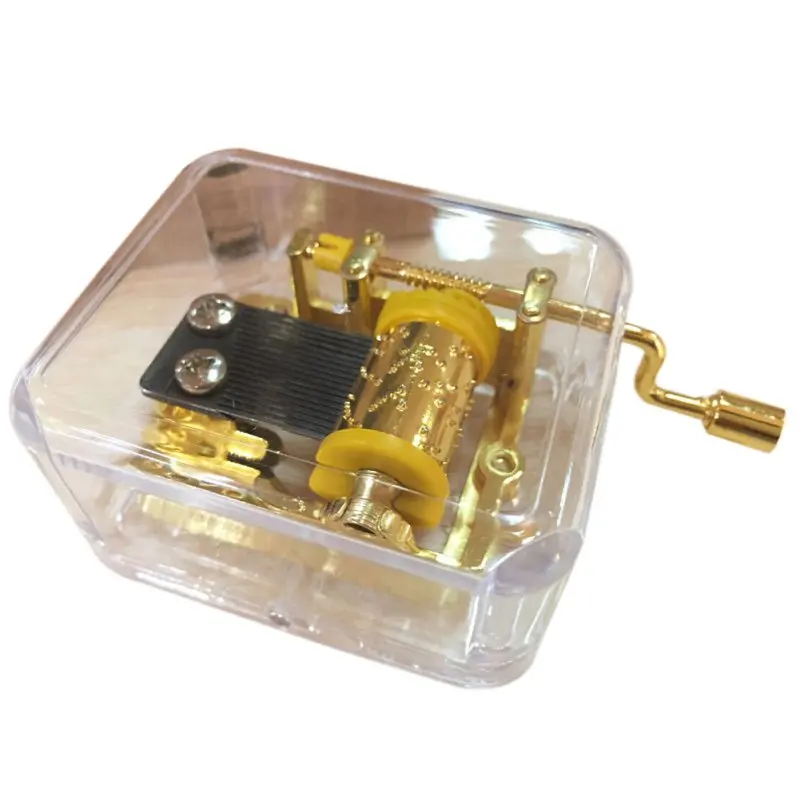 Castle In The Sky/Let It Go/You Are My Sunshine 18 note Acrylic Clear Gold Hand Cranked Gurdy Musical Mechanism Music Box