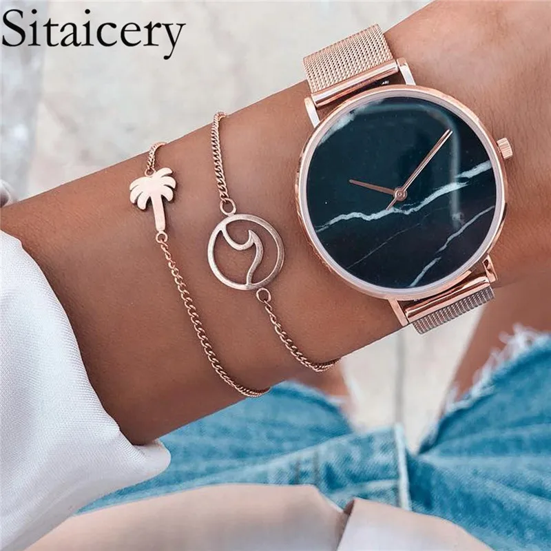 

Sitaicery 2pcs/1set Silver Gold Color Coconut Tree Wave Bracelet Bohemian Metal Surfer Wave Bracelet Anklet Statement Jewelry